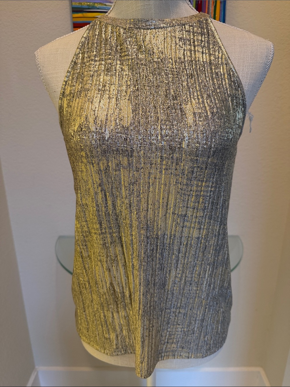Anthropologie Metallic Gold and Silver Textured Halter Tank